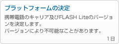 ケータイ用FLASHの場合2 - 「プラットフォームの決定」
------------------------------------------------
携帯電話のキャリア及びFLASHLiteのバージョンを決定します。
バージョンにより不可能なことがあります。

1日