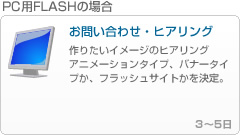PC用FLASHの場合1 - 「お問い合わせ・ヒアリング」
------------------------------------------------
作りたいイメージのヒアリング
アニメーションタイプ、バナータイプか、FLASHサイトかを決定。

3～5日